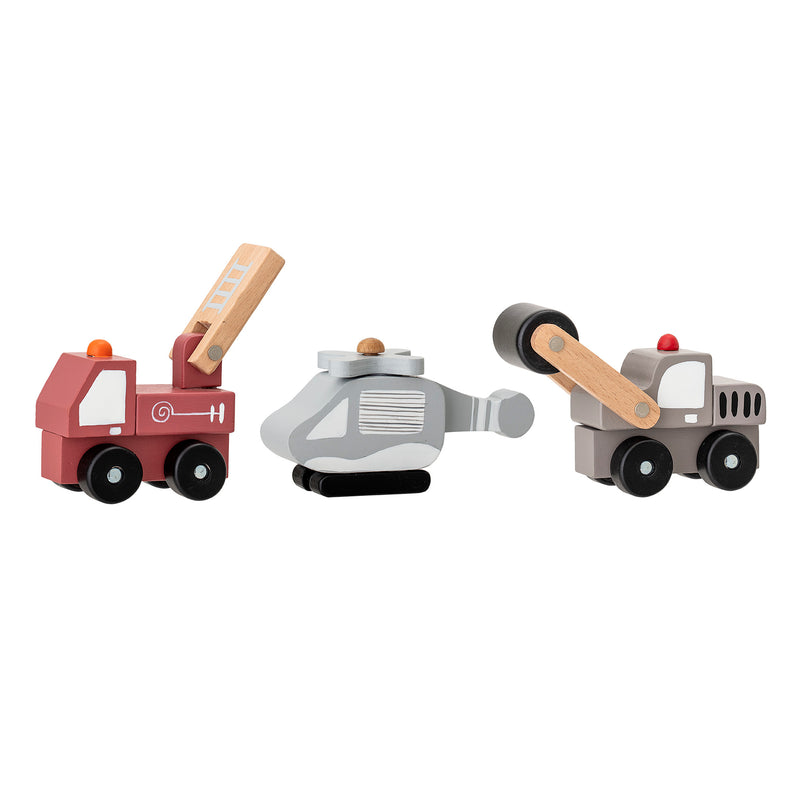 Spielzeugauto Feuerwehr, Helikopter und Walze im 3er Set aus Holz